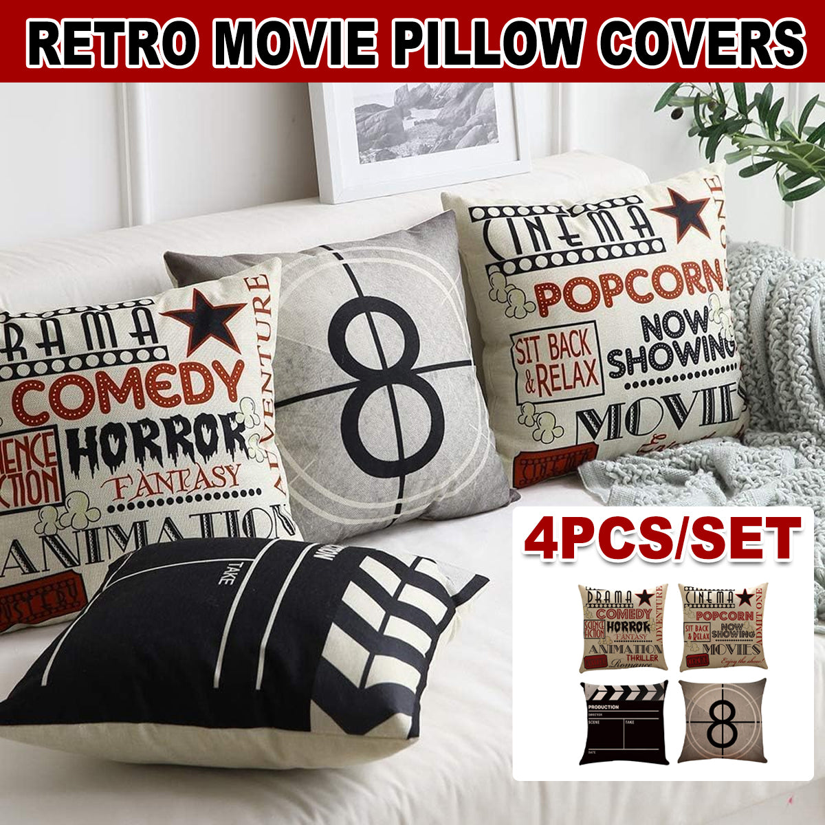 Movie Theater Cinema Throw Pillow Cover Home Decor Design Pillow Cases 18x18 In