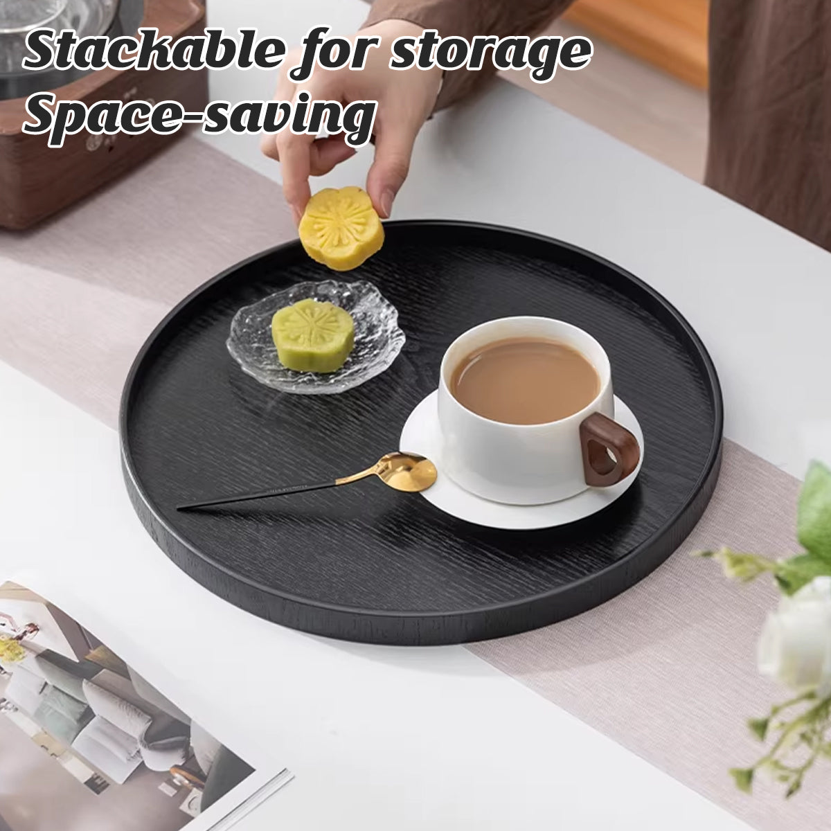 5 Piece Wood Grain Round Serving Tray Set in 2 Sizes