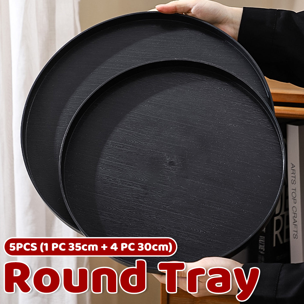 5 Piece Wood Grain Round Serving Tray Set in 2 Sizes
