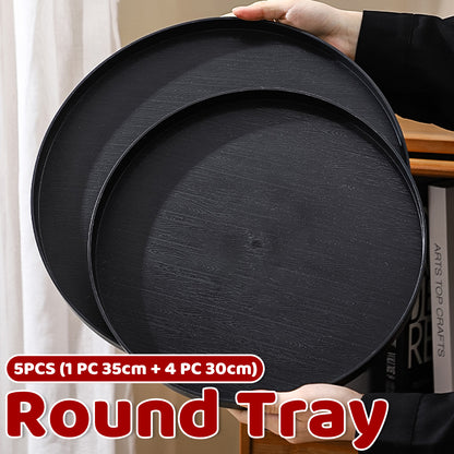 5 Piece Wood Grain Round Serving Tray Set in 2 Sizes