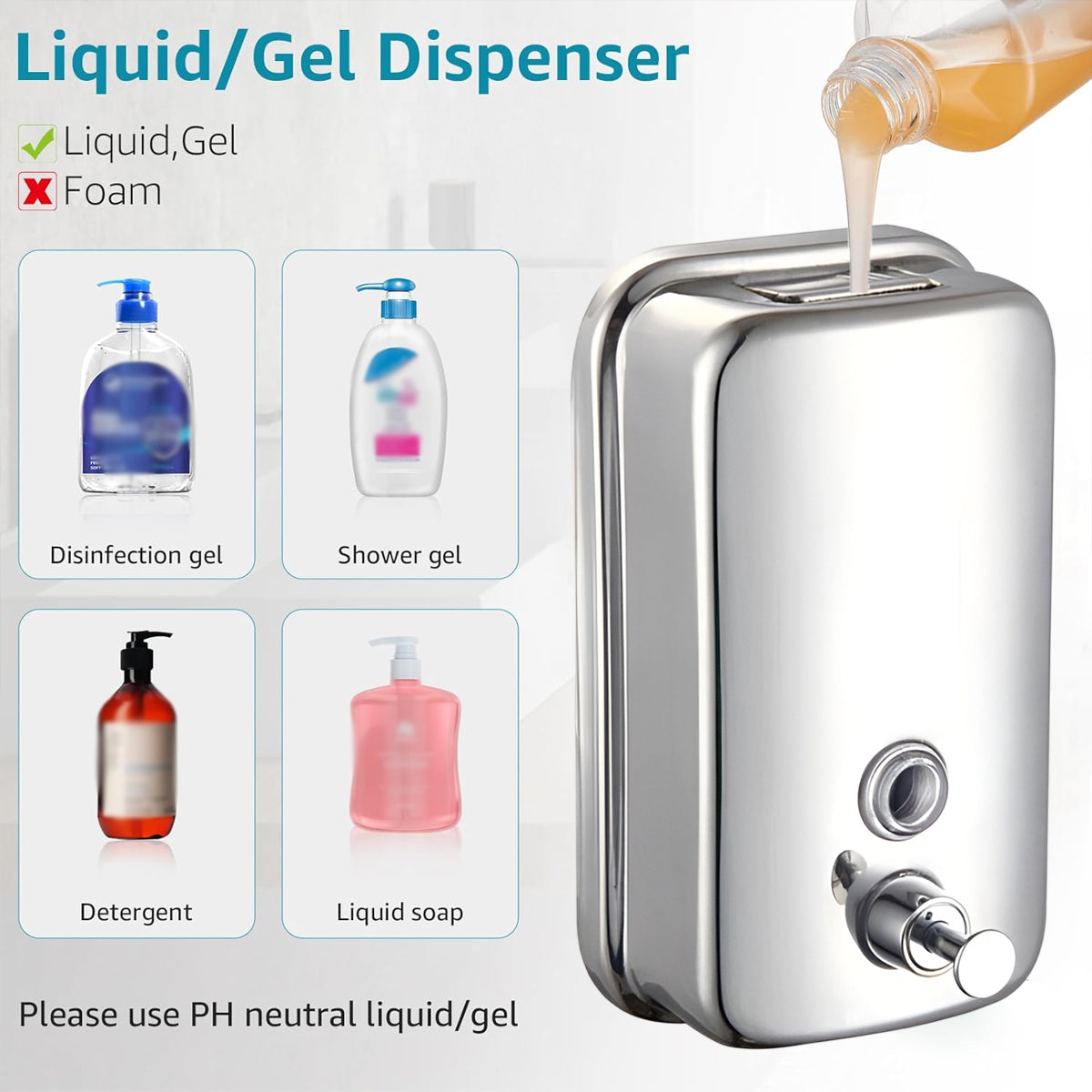 Stainless Steel Wall Mounted Soap Dispenser Hotel Bathroom Sanitizer Bottle AU