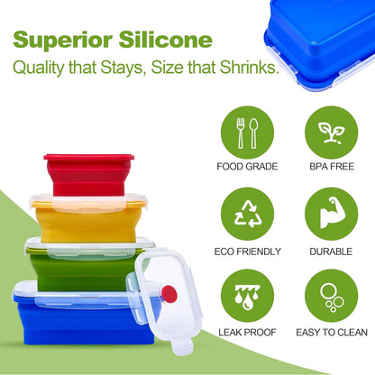 4 PCS Silicone Collapsible Bento Lunch Box Food Storage Container Portable