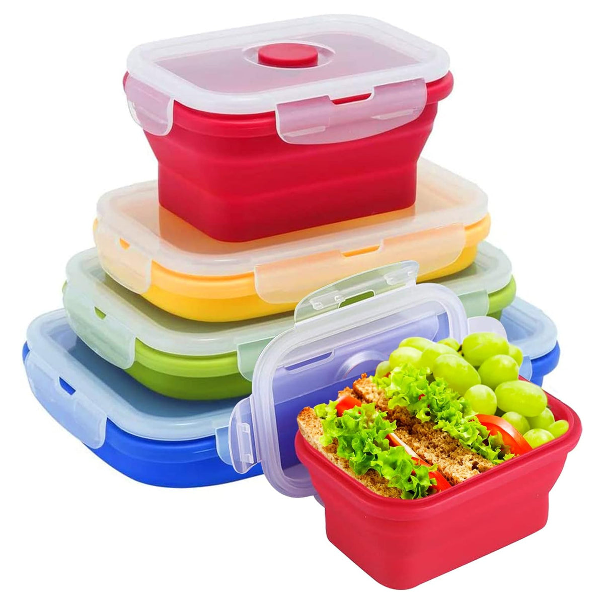 4 PCS Silicone Collapsible Bento Lunch Box Food Storage Container Portable