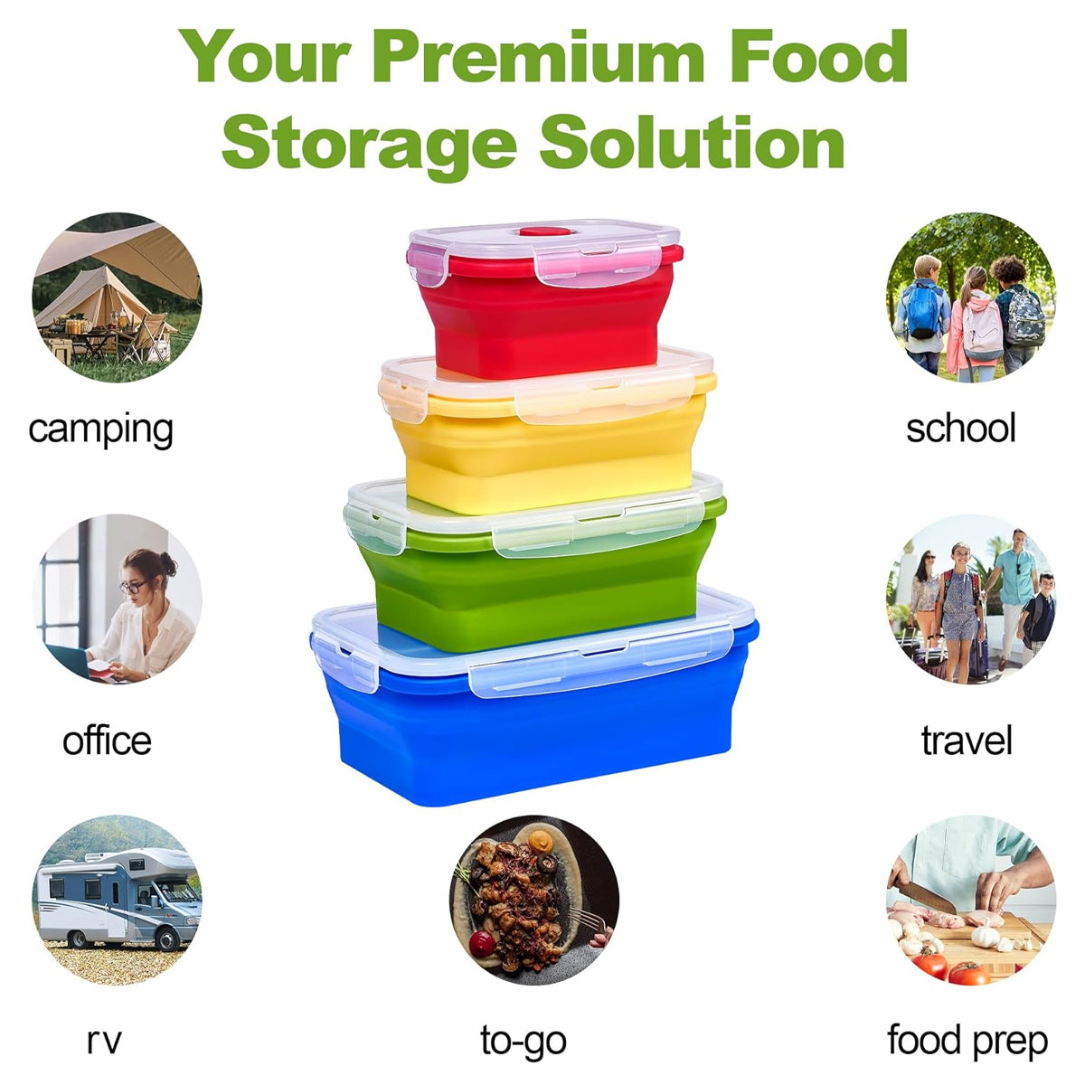 4 PCS Silicone Collapsible Bento Lunch Box Food Storage Container Portable