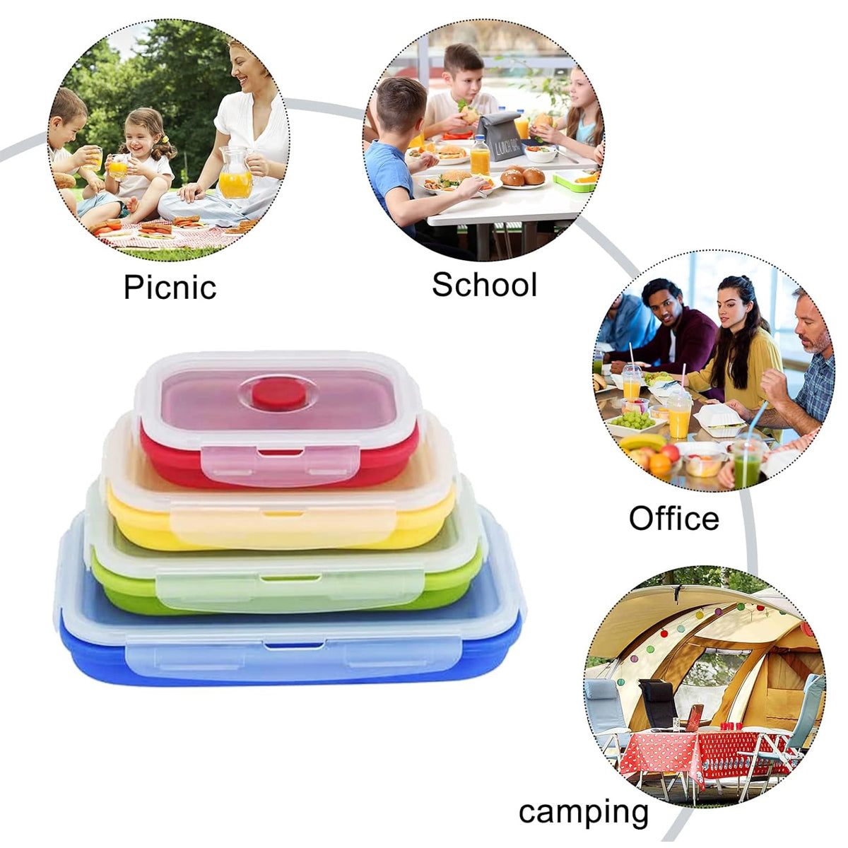 4 PCS Silicone Collapsible Bento Lunch Box Food Storage Container Portable