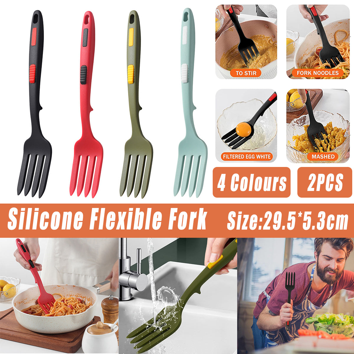 2PCS Silicone Heat Resistant Cooking Forks Flexible Dishwasher Safe Kitchen