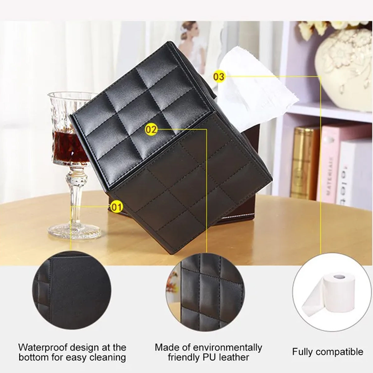 Premium PU Leather Square Tissue Box with Quilted Design