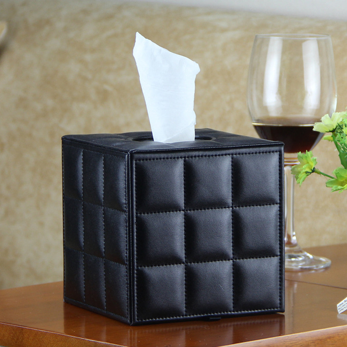 Premium PU Leather Square Tissue Box with Quilted Design