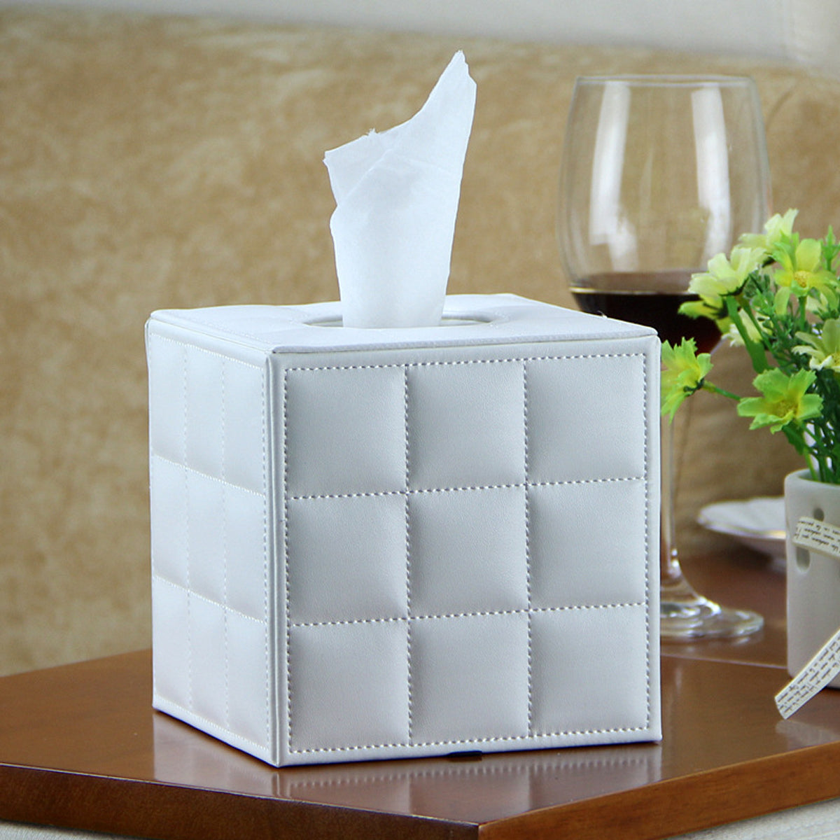Premium PU Leather Square Tissue Box with Quilted Design