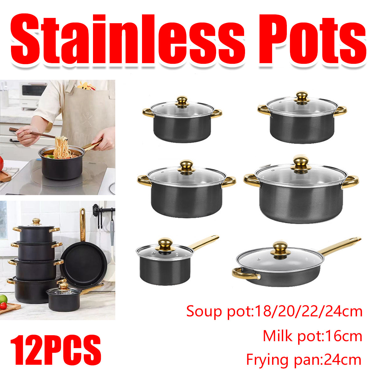 Stainless Steel 12 Piece Cookware Set Heat Resistant for Home Kitchen