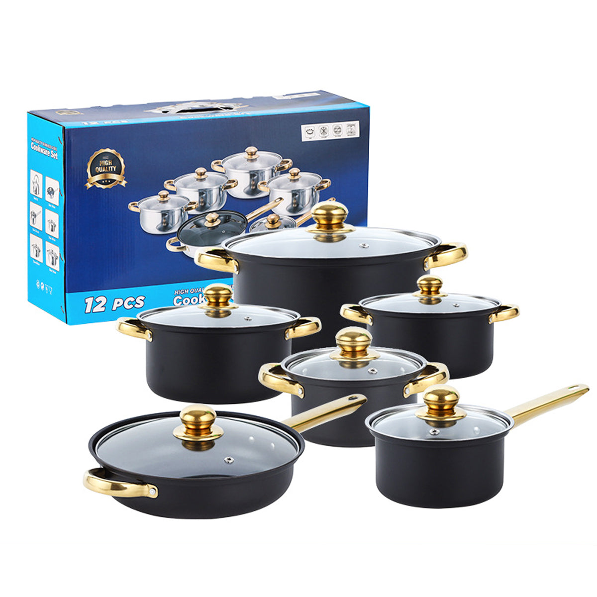 Stainless Steel 12 Piece Cookware Set Heat Resistant for Home Kitchen