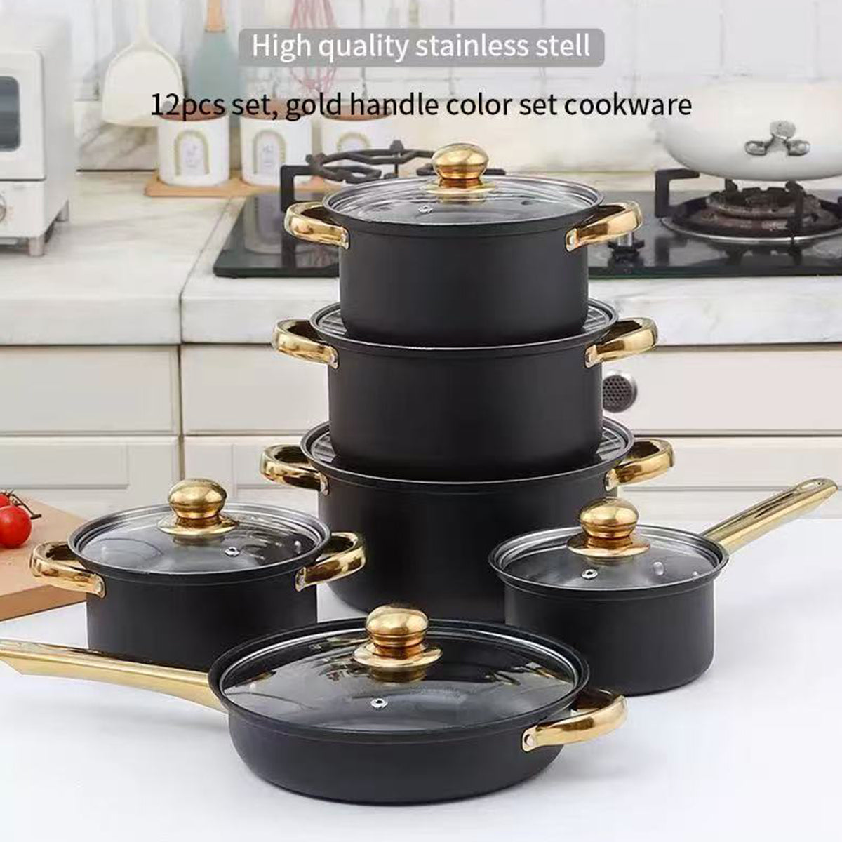 Stainless Steel 12 Piece Cookware Set Heat Resistant for Home Kitchen