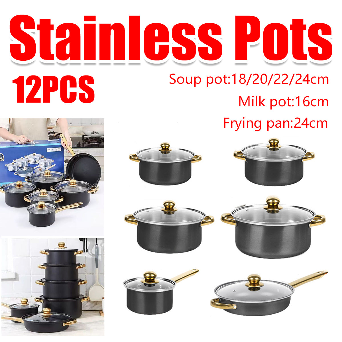 Stainless Steel 12 Piece Cookware Set Heat Resistant for Home Kitchen