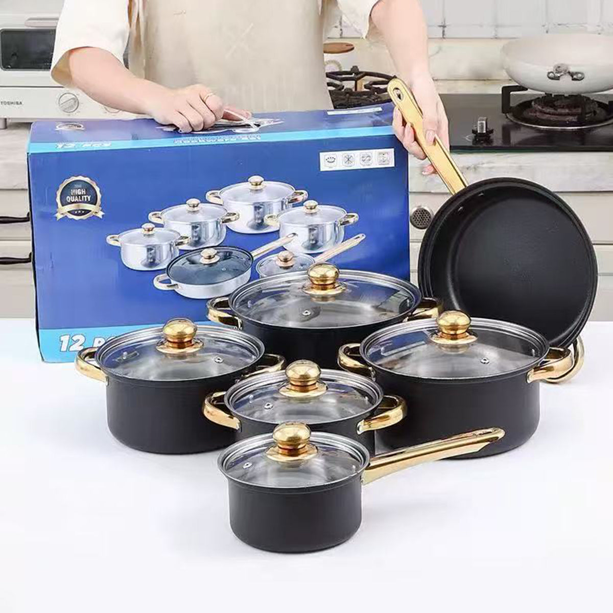 Stainless Steel 12 Piece Cookware Set Heat Resistant for Home Kitchen
