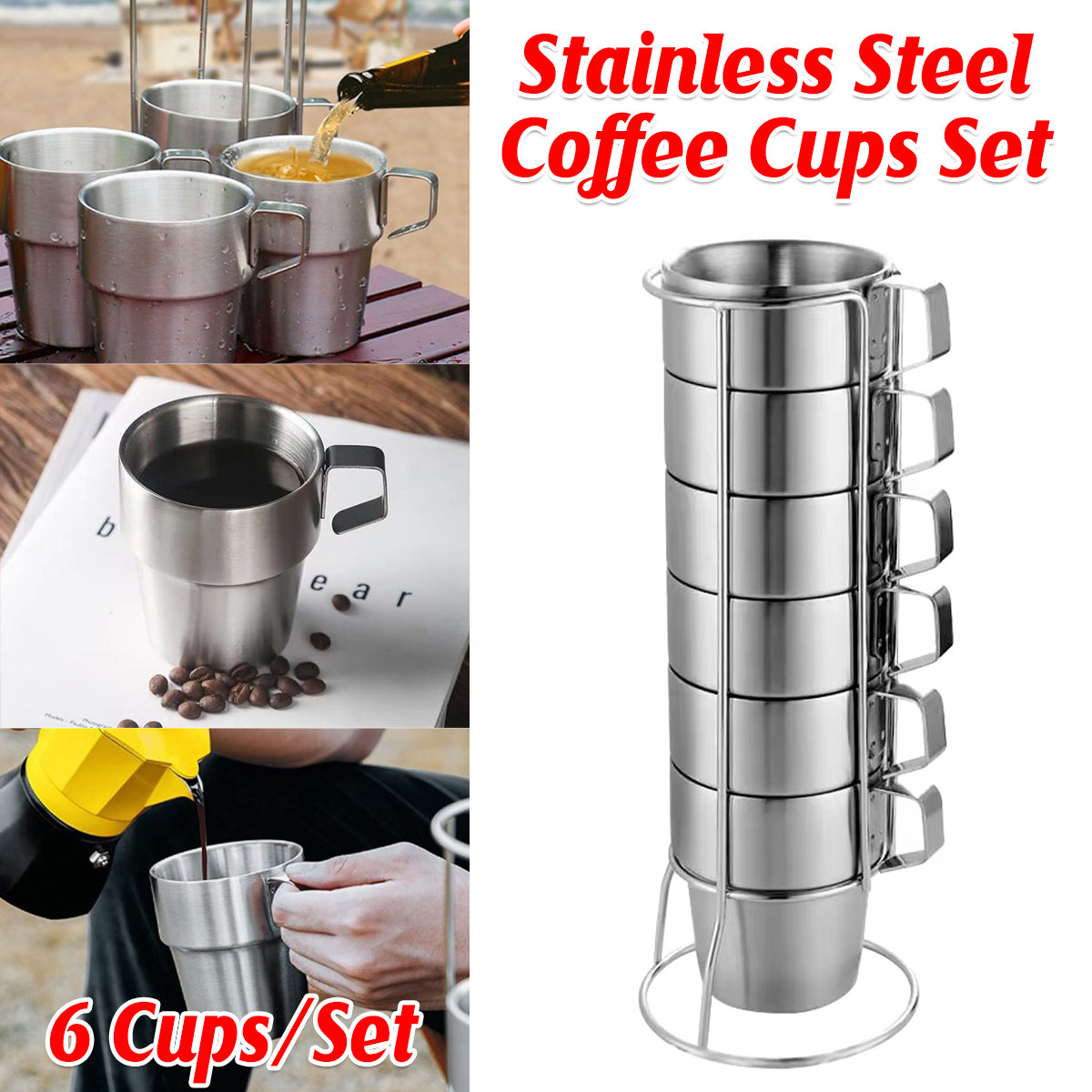 6pcs Double Wall Stainless Steel Coffee Mugs with Holder