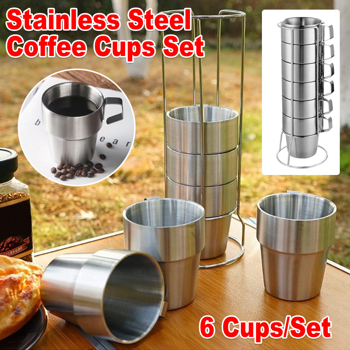 6pcs Double Wall Stainless Steel Coffee Mugs with Holder