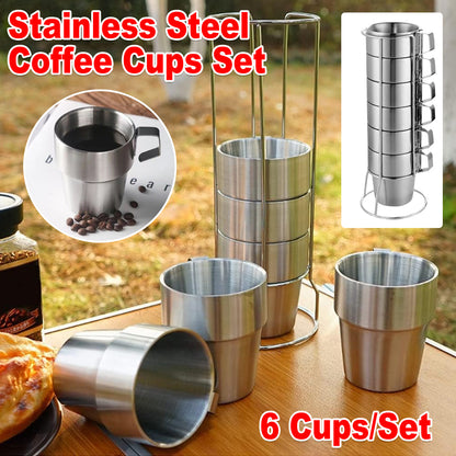 6pcs Double Wall Stainless Steel Coffee Mugs with Holder