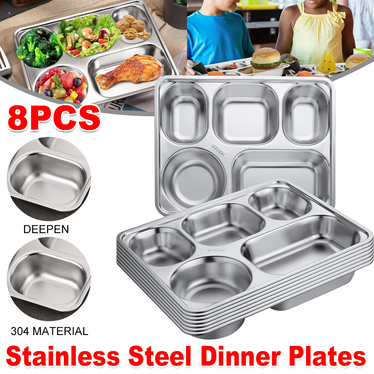 Stainless Steel Divided Square Dinner Plates, 8 Pcs