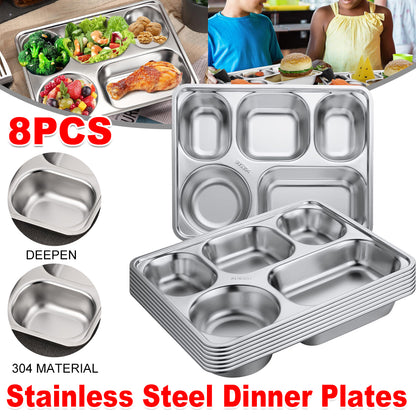 Stainless Steel Divided Square Dinner Plates, 8 Pcs
