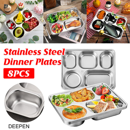 Stainless Steel Divided Square Dinner Plates, 8 Pcs
