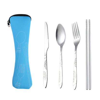 4 Pcs Cutlery Travel Knife Fork Portable Bag Stainless Steel Spoon Chopstick Set