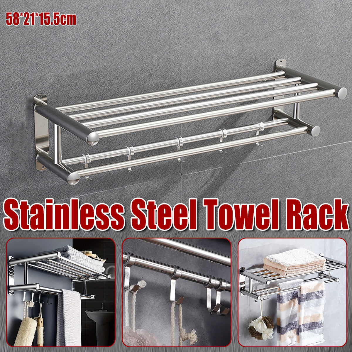 No Drill Stainless Steel Towel Rack Bathroom Storage Shelf Waterproof Rustproof