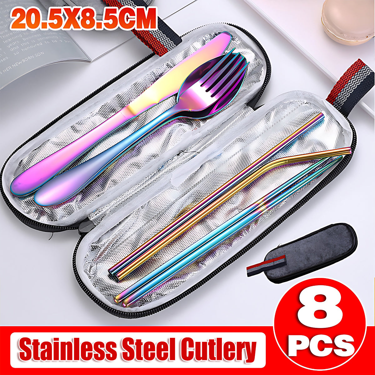 Portable Stainless Steel Travel Camping Cutlery Set of 8 Pieces