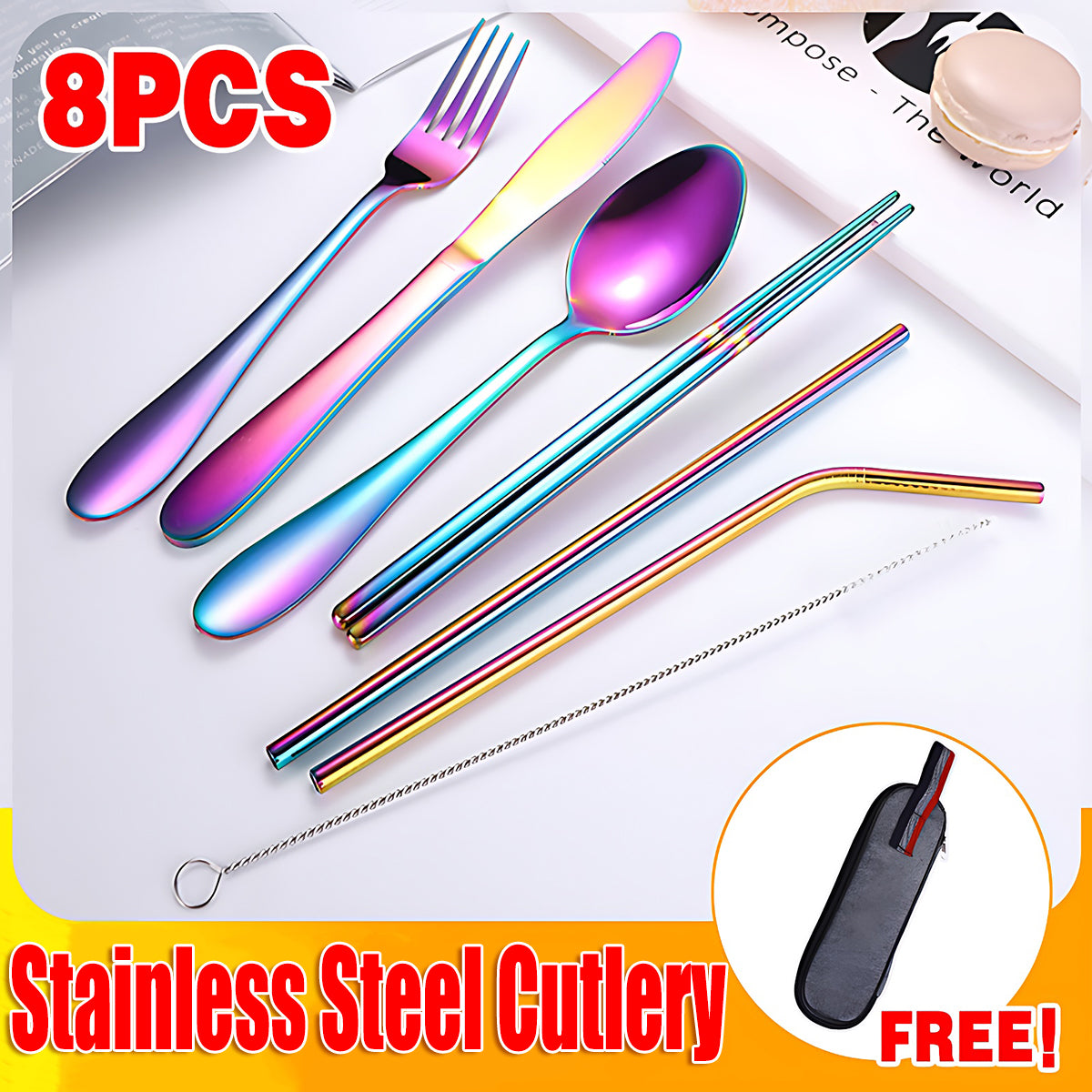 Portable Stainless Steel Travel Camping Cutlery Set of 8 Pieces