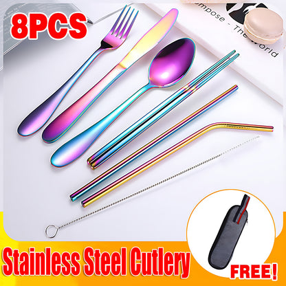 Portable Stainless Steel Travel Camping Cutlery Set of 8 Pieces