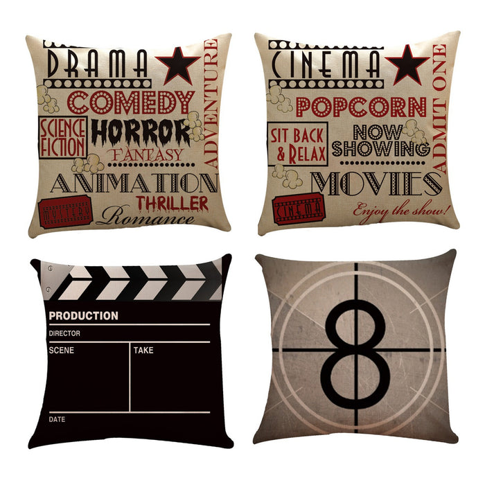 Linen Cushion Cover with Retro Cinema Print