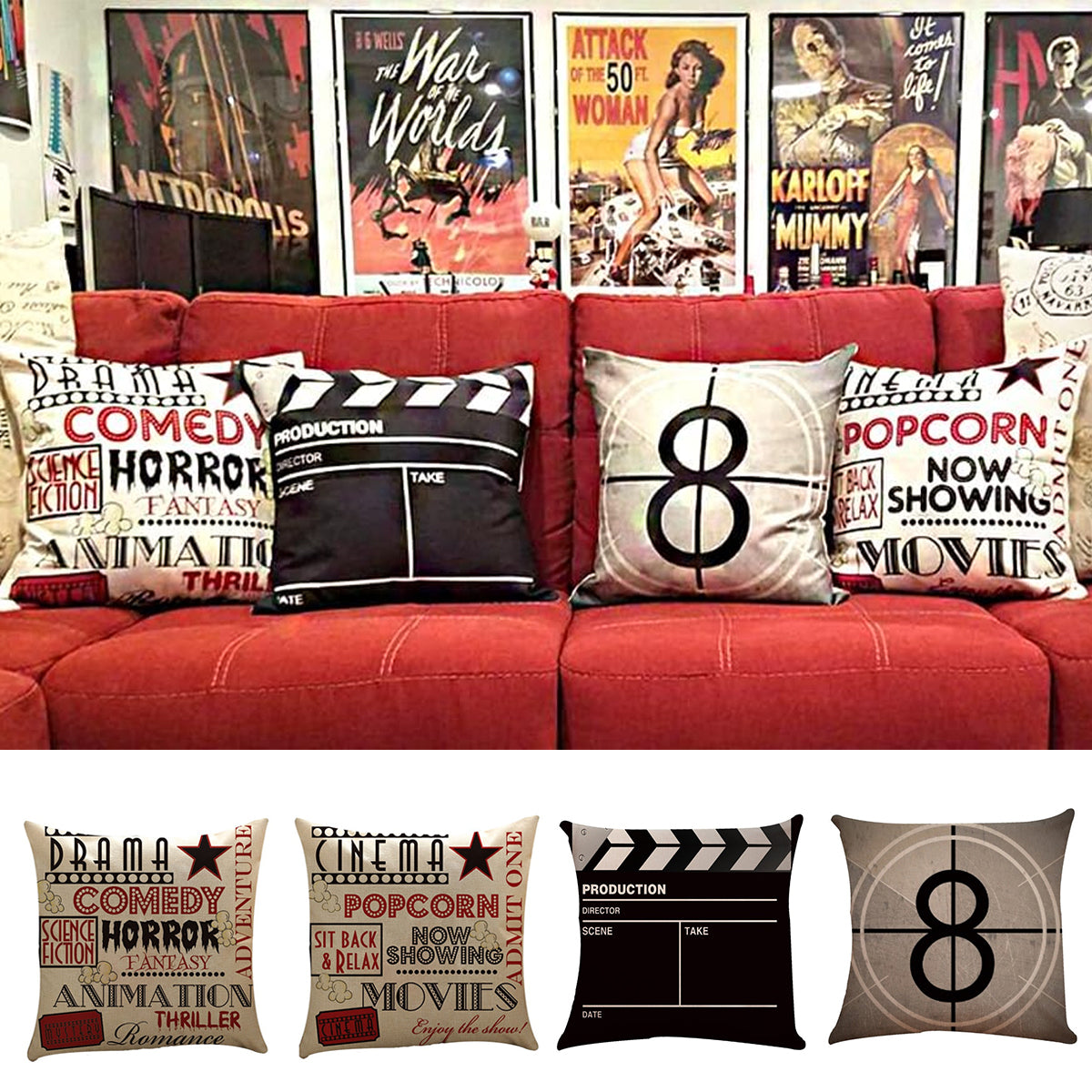Movie Theater Cinema Throw Pillow Cover Home Decor Design Pillow Cases 18x18 In
