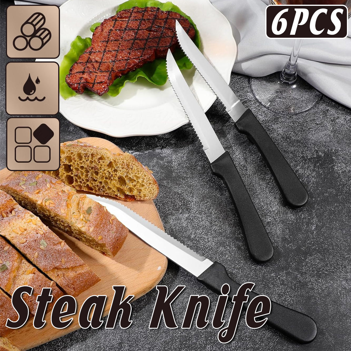 6pcs Stainless Steel Steak Knife Set With Black Handle for Kitchen Dining