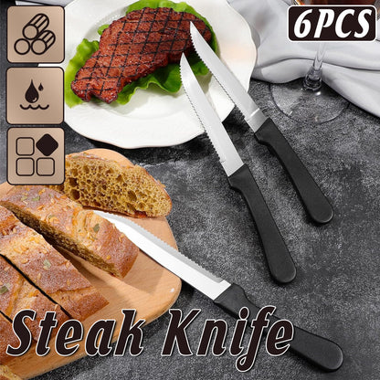 6pcs Stainless Steel Steak Knife Set With Black Handle for Kitchen Dining