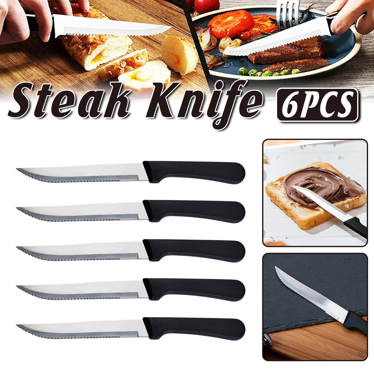 6pcs Stainless Steel Steak Knife Set With Black Handle for Kitchen Dining