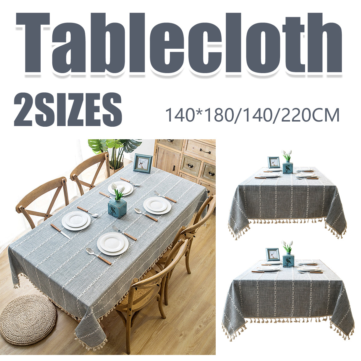 Embroidered Tassel Cotton-Linen Look Geometric Rectangular Tablecloth