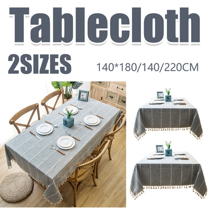Embroidered Tassel Cotton-Linen Look Geometric Rectangular Tablecloth