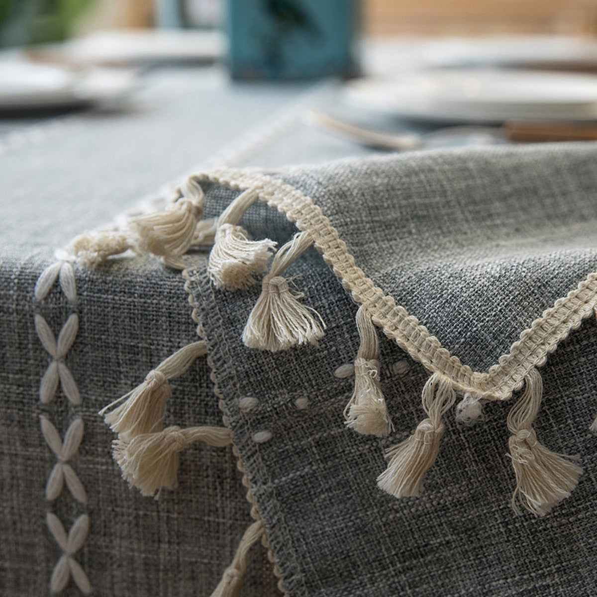 Embroidered Tassel Cotton-Linen Look Geometric Rectangular Tablecloth