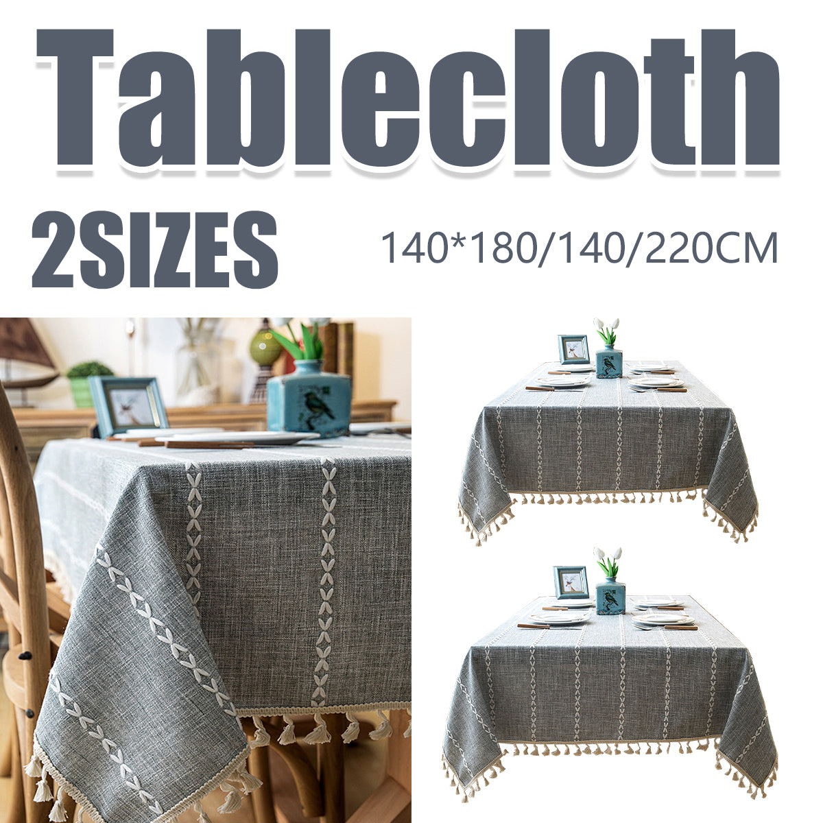 Embroidered Tassel Cotton-Linen Look Geometric Rectangular Tablecloth