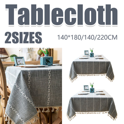 Embroidered Tassel Cotton-Linen Look Geometric Rectangular Tablecloth