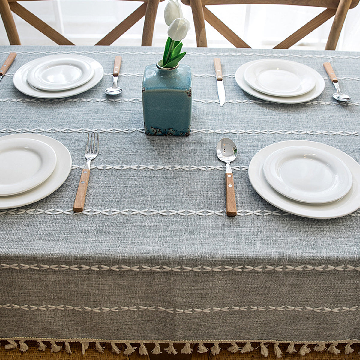 Embroidered Tassel Cotton-Linen Look Geometric Rectangular Tablecloth