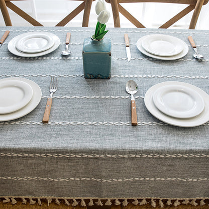Embroidered Tassel Cotton-Linen Look Geometric Rectangular Tablecloth