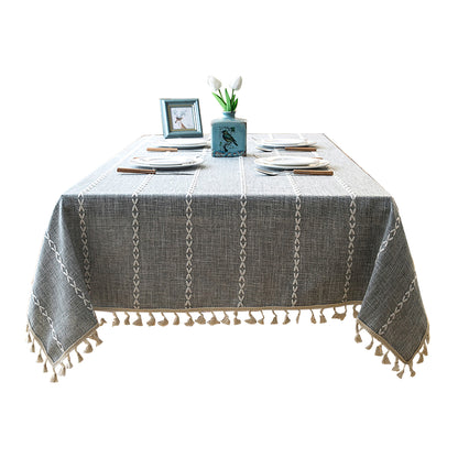 Embroidered Tassel Cotton-Linen Look Geometric Rectangular Tablecloth
