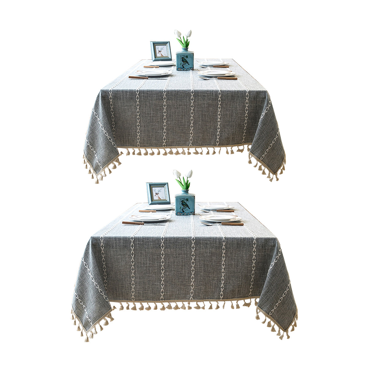 Embroidered Tassel Cotton-Linen Look Geometric Rectangular Tablecloth