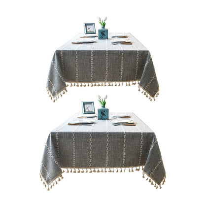 Embroidered Tassel Cotton-Linen Look Geometric Rectangular Tablecloth