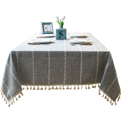 Embroidered Tassel Cotton-Linen Look Geometric Rectangular Tablecloth