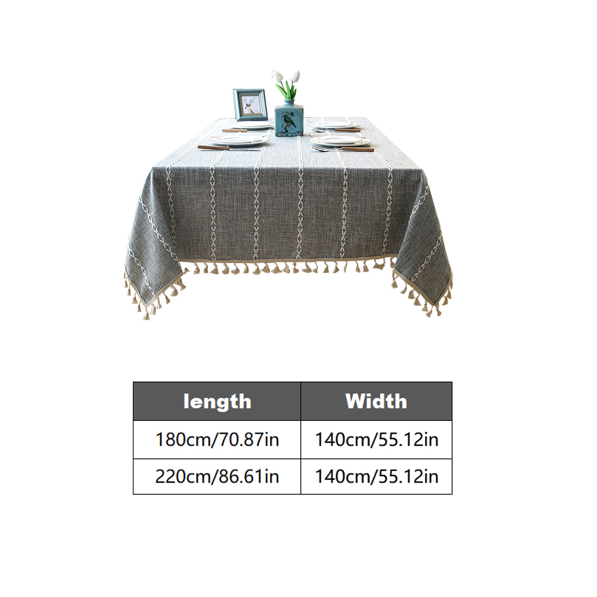 Embroidered Tassel Cotton-Linen Look Geometric Rectangular Tablecloth
