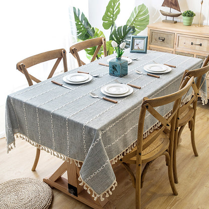 Embroidered Tassel Cotton-Linen Look Geometric Rectangular Tablecloth