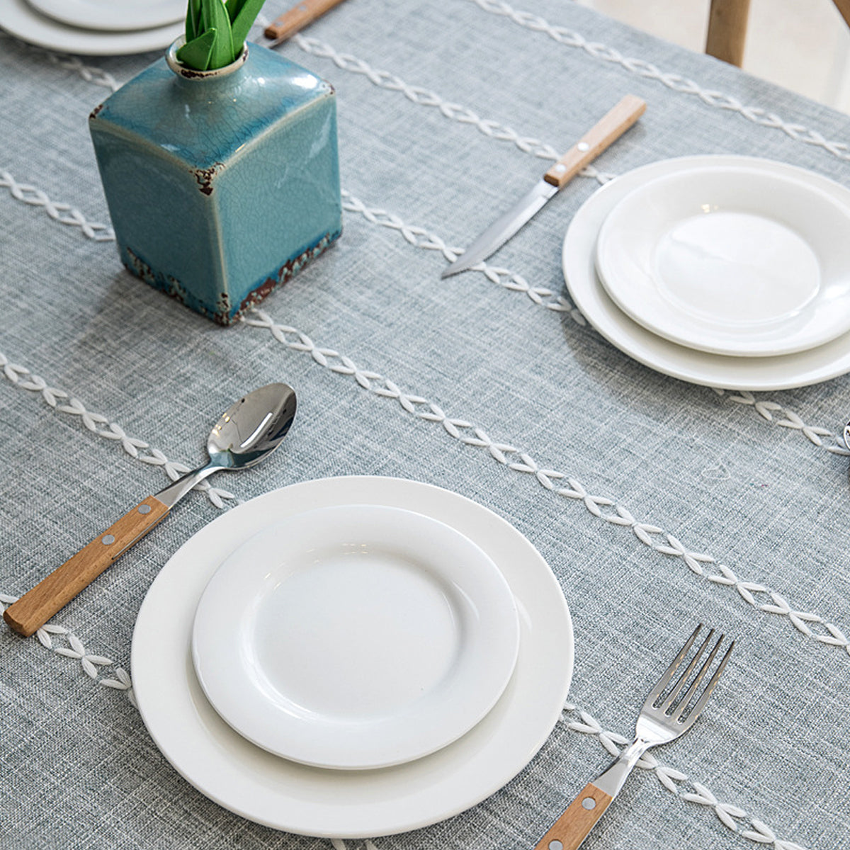 Embroidered Tassel Cotton-Linen Look Geometric Rectangular Tablecloth