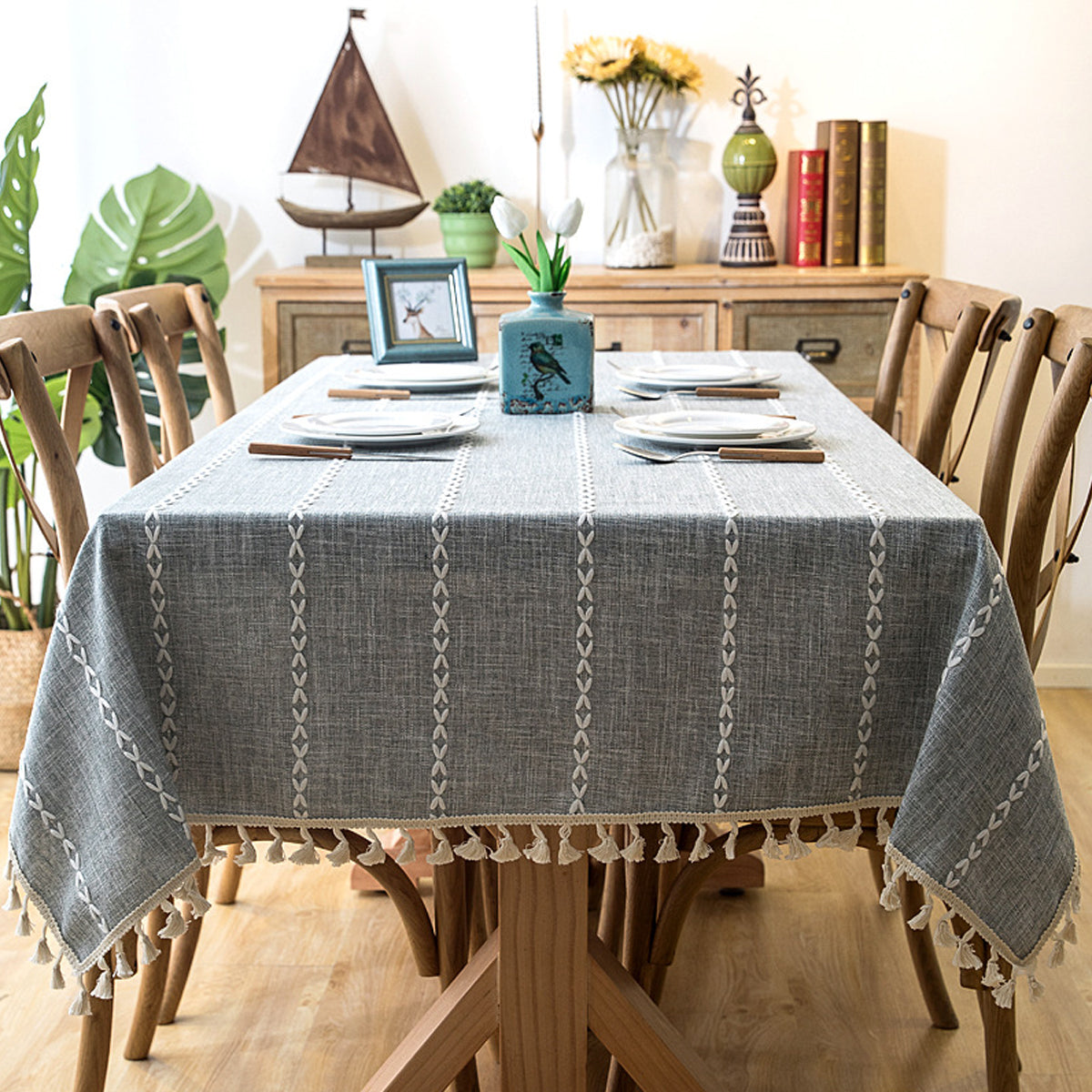 Embroidered Tassel Cotton-Linen Look Geometric Rectangular Tablecloth