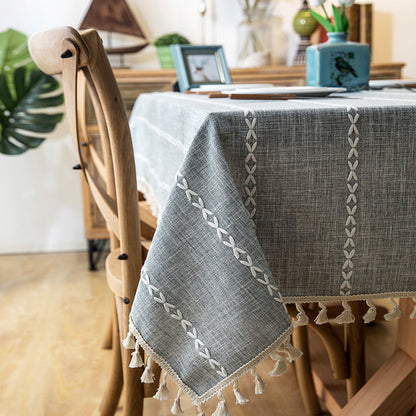 Embroidered Tassel Cotton-Linen Look Geometric Rectangular Tablecloth